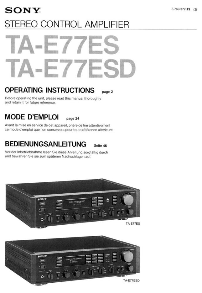 Sony TA-E77ES Amplifier Receiver Owners Instruction Manual