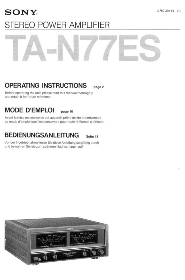 Sony TA-N77ES Amplifier Receiver Owners Instruction Manual