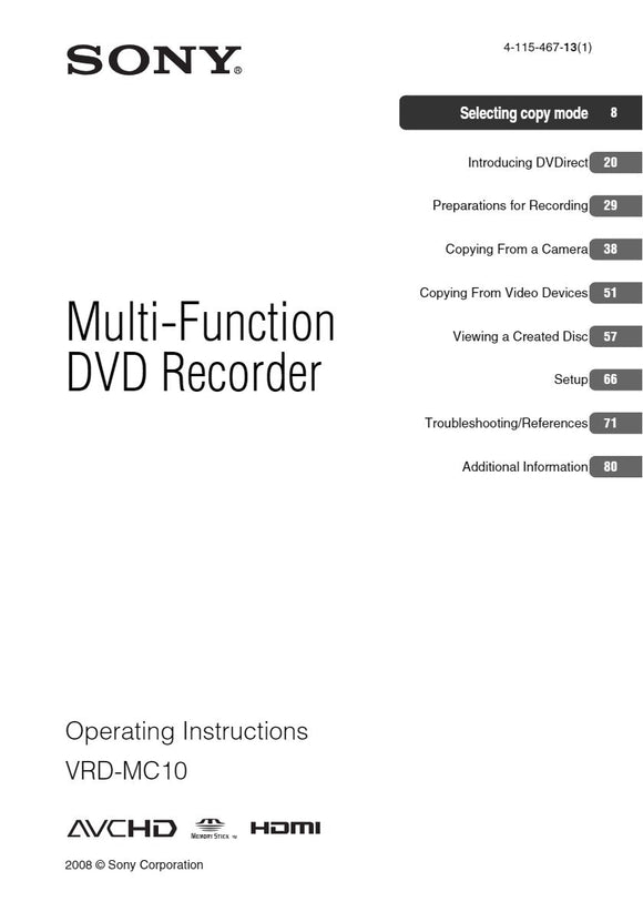 Sony VRD-MC10 DVD Recorder owners manual