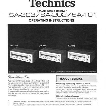 Technics SA-101 SA-202 SA-303 Receiver Owners Instruction Manual