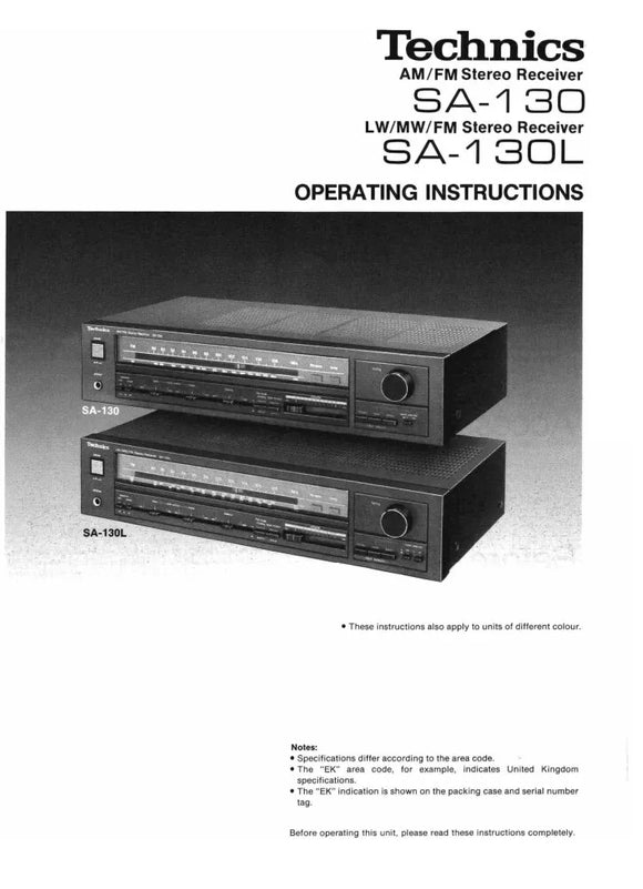 Technics SA-130 SA-130L Receiver Owners Instruction Manual