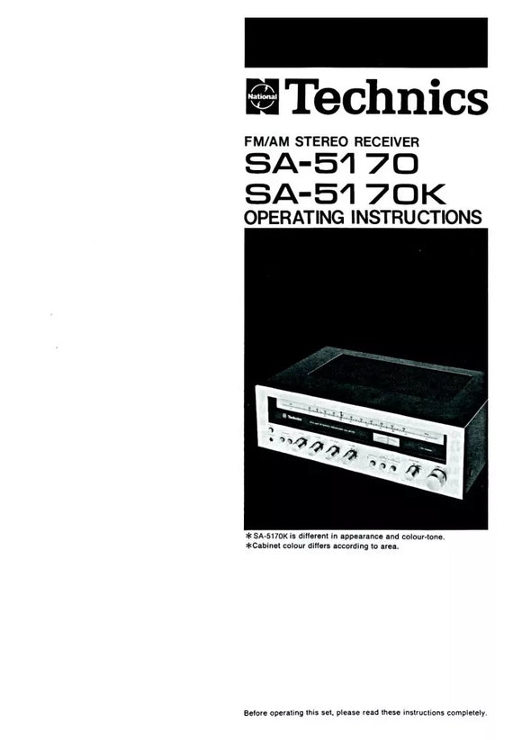 Technics SA-5170 SA-5170K Receiver Owners Instruction Manual