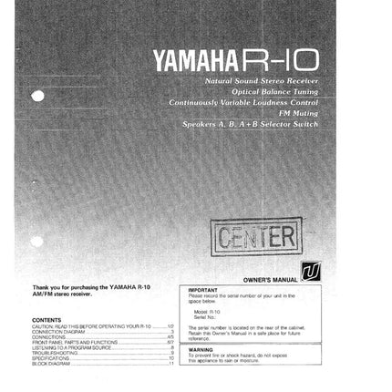Yamaha R-10 Receiver Owners Manual