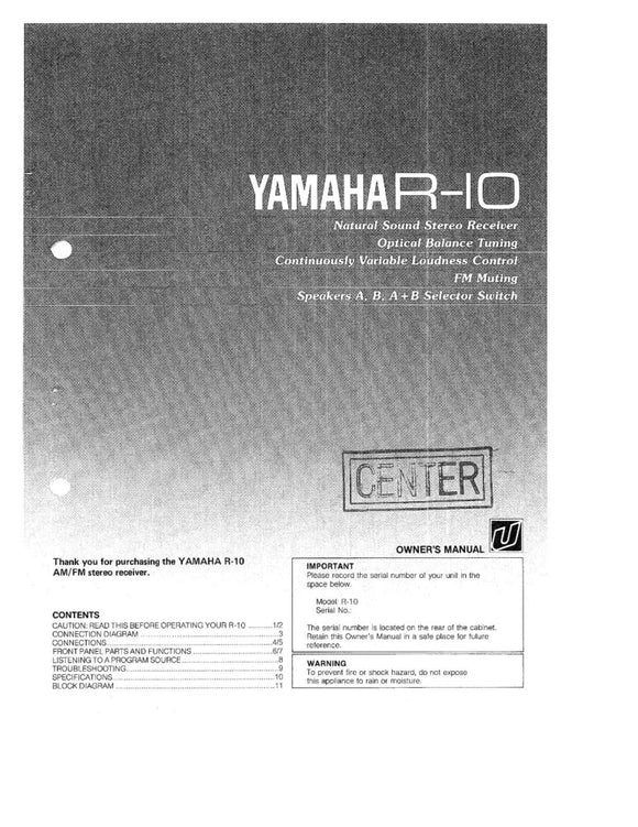 Yamaha R-10 Receiver Owners Manual