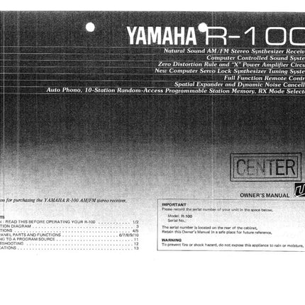 Yamaha R-100 Receiver Owners Manual