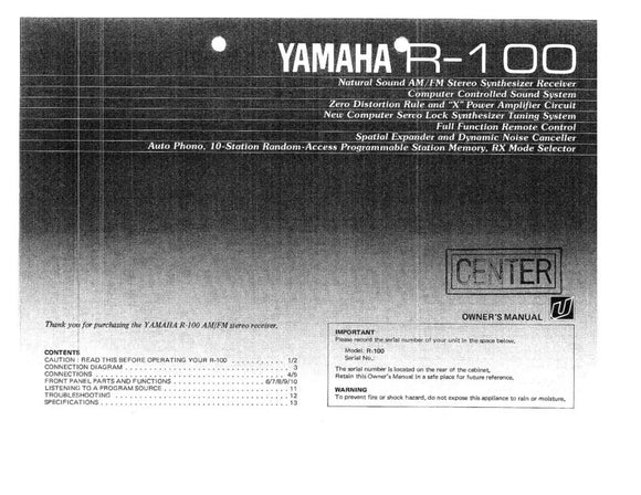 Yamaha R-100 Receiver Owners Manual