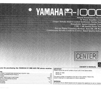 Yamaha R-1000 Receiver Owners Manual