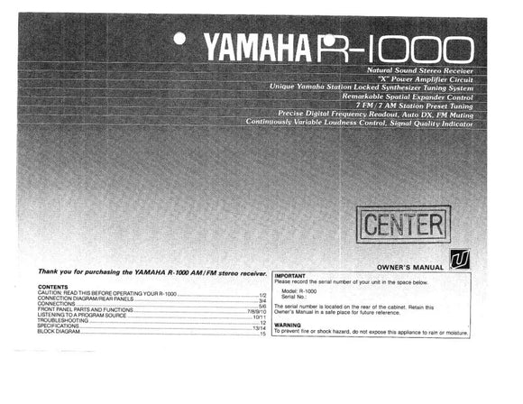 Yamaha R-1000 Receiver Owners Manual