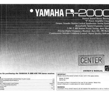 Yamaha R-2000 Receiver Owners Manual