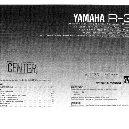 Yamaha R-3 Receiver Owners Manual