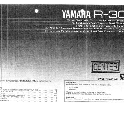 Yamaha R-30 Receiver Owners Manual