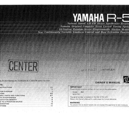 Yamaha R-5 Receiver Owners Manual