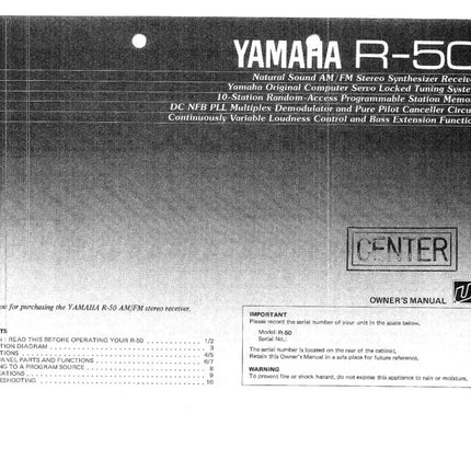 Yamaha R-50 Receiver Owners Manual