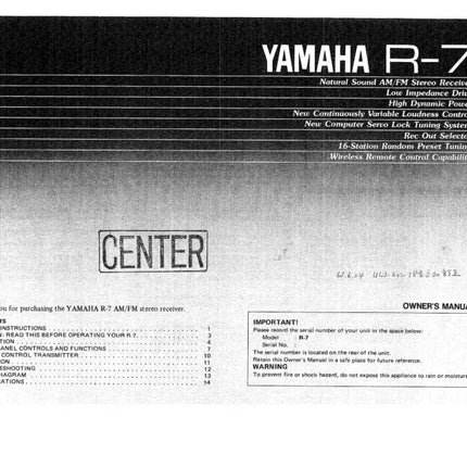 Yamaha R-7 Receiver Owners Manual