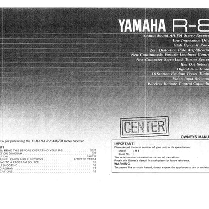 Yamaha R-8 Receiver Owners Manual