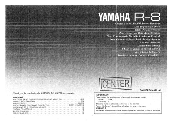 Yamaha R-8 Receiver Owners Manual