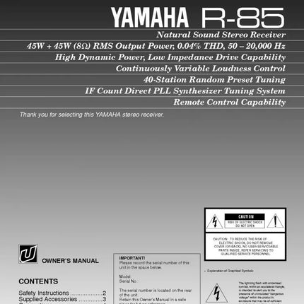Yamaha R-85 Receiver Owners Manual