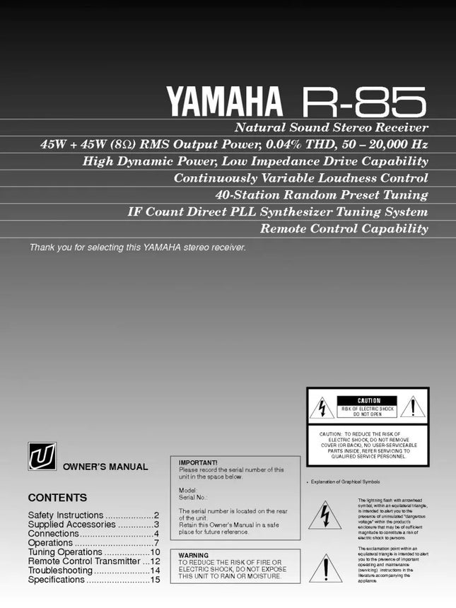 Yamaha R-85 Receiver Owners Manual