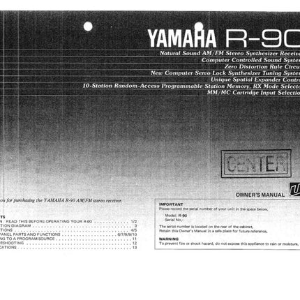 Yamaha R-90 Receiver Owners Manual