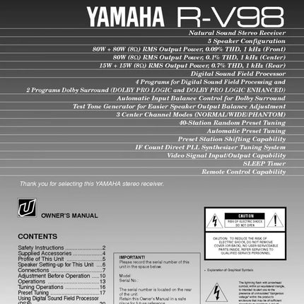 Yamaha R-V98 Receiver Owners Manual