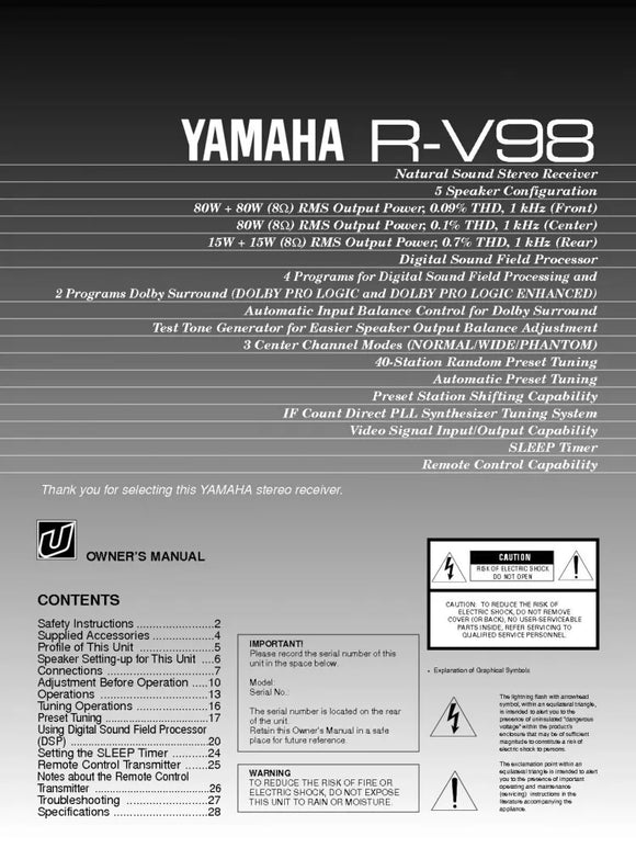 Yamaha R-V98 Receiver Owners Manual