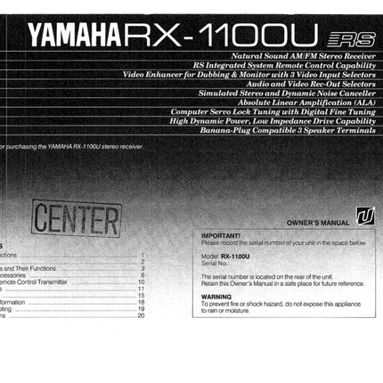 Yamaha RX-1100 U Receiver Owners Manual