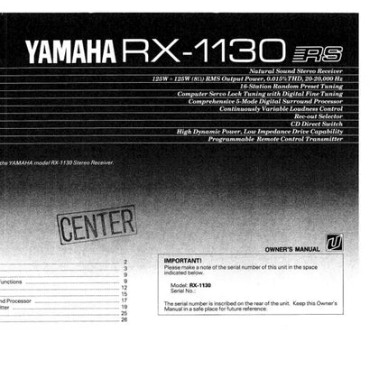 Yamaha RX-1130 Receiver Owners Manual