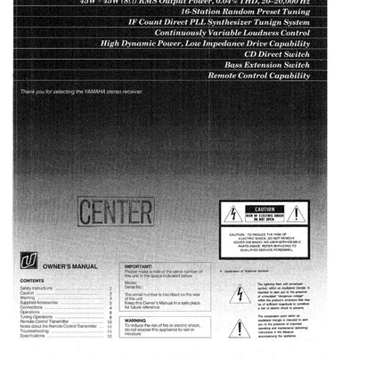 Yamaha RX-450 Receiver Owners Manual