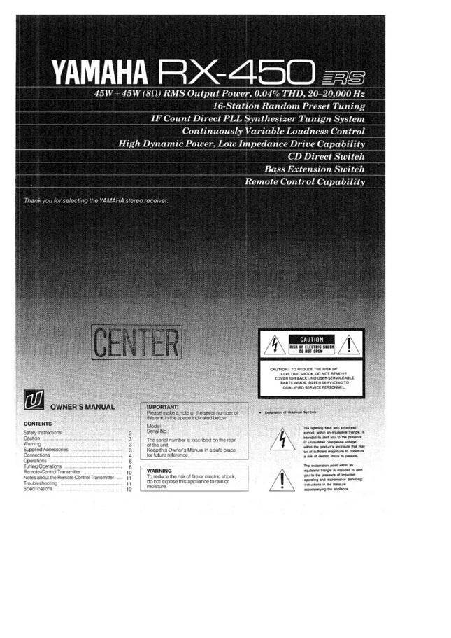 Yamaha RX-450 Receiver Owners Manual