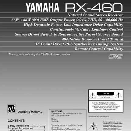 Yamaha RX-460 Receiver Owners Manual