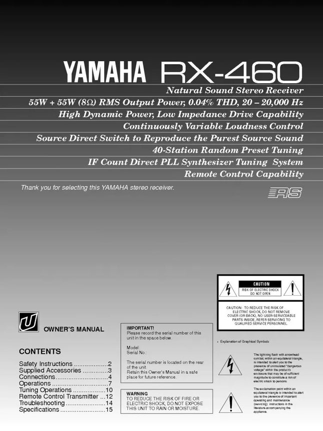 Yamaha RX-460 Receiver Owners Manual