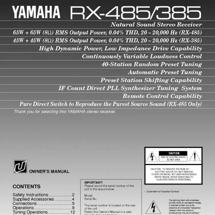 Yamaha RX-485 Receiver Owners Manual