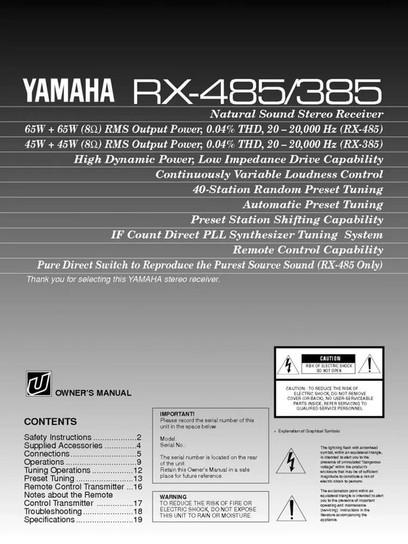 Yamaha RX-485 Receiver Owners Manual