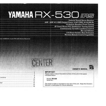 Yamaha RX-530 Receiver Owners Manual
