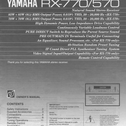 Yamaha RX-570 Receiver Owners Manual