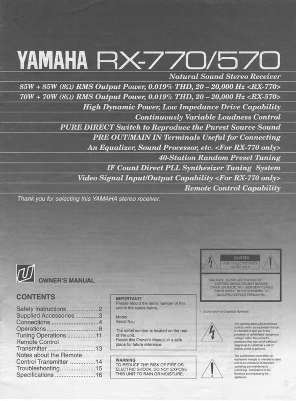 Yamaha RX-570 Receiver Owners Manual