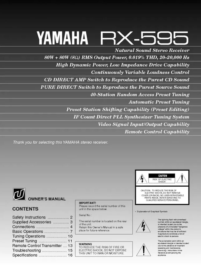 Yamaha RX-595 Receiver Owners Manual