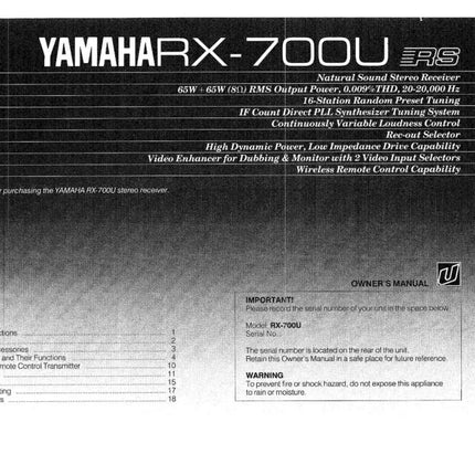 Yamaha RX-700 U Receiver Owners Manual
