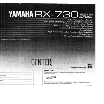 Yamaha RX-730 Receiver Owners Manual