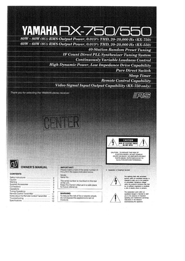 Yamaha RX-750 Receiver Owners Manual