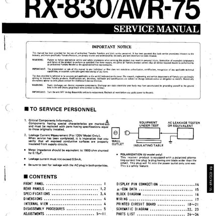 Yamaha RX-830 AVR-75 Receiver Owners Manual