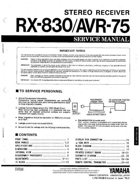Yamaha RX-830 AVR-75 Receiver Owners Manual