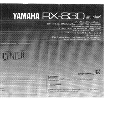Yamaha RX-830 Receiver Owners Manual