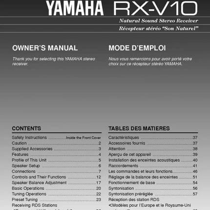 Yamaha RX-V10 Receiver Owners Manual