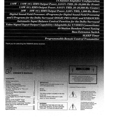 Yamaha RX-V1050 Receiver Owners Manual