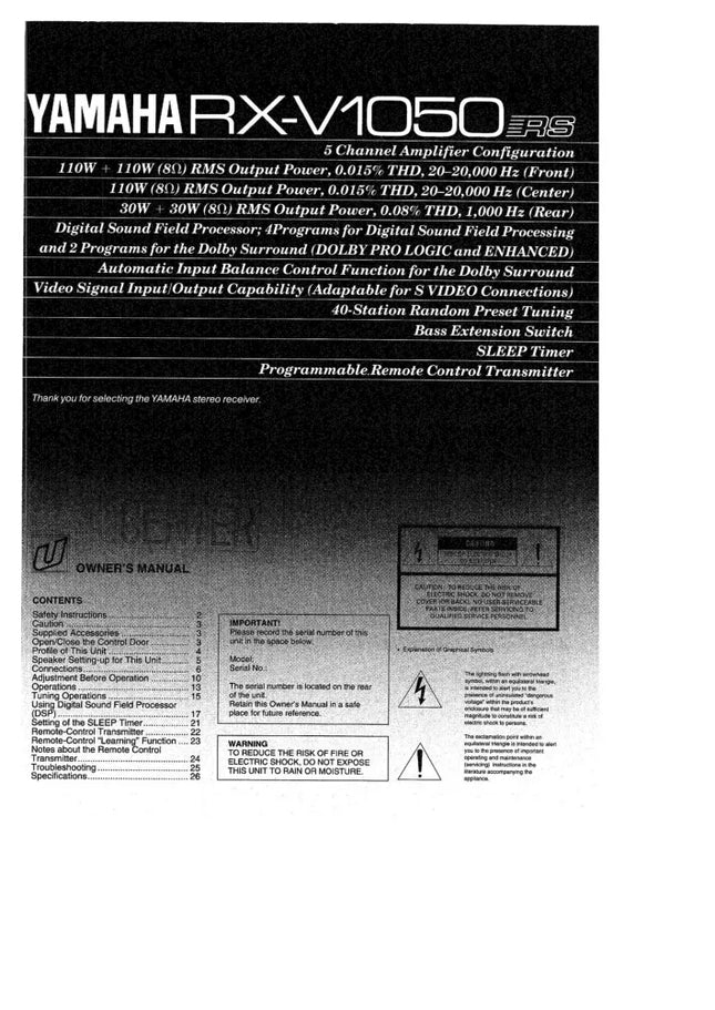 Yamaha RX-V1050 Receiver Owners Manual