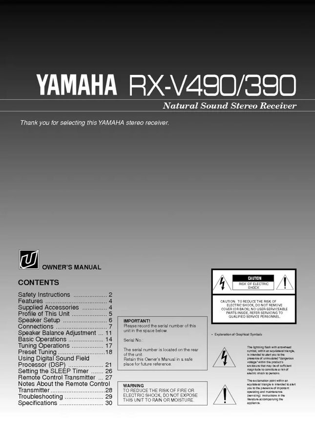 Yamaha RX-V390 Receiver Owners Manual