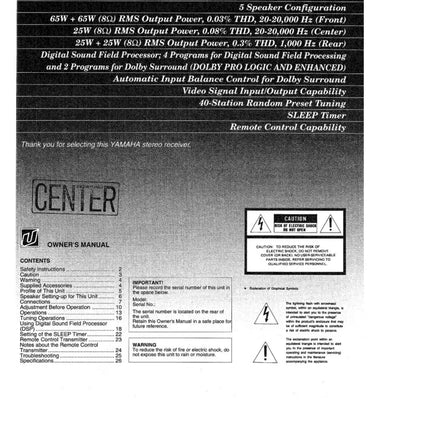 Yamaha RX-V660 Receiver Owners Manual