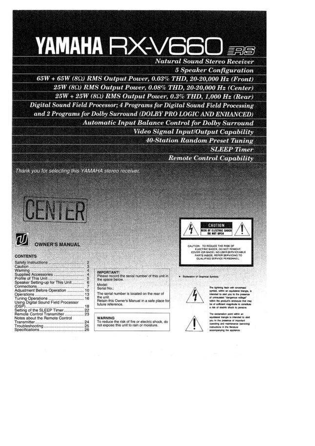 Yamaha RX-V660 Receiver Owners Manual