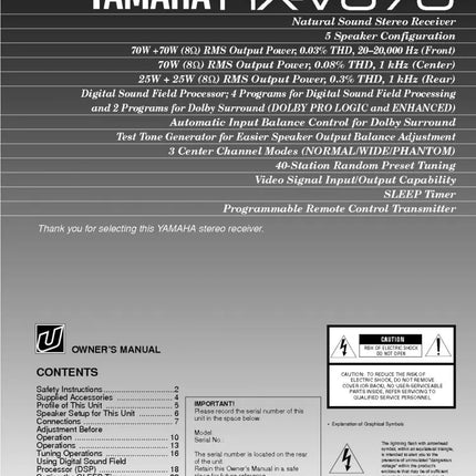 Yamaha RX-V670 Receiver Owners Manual